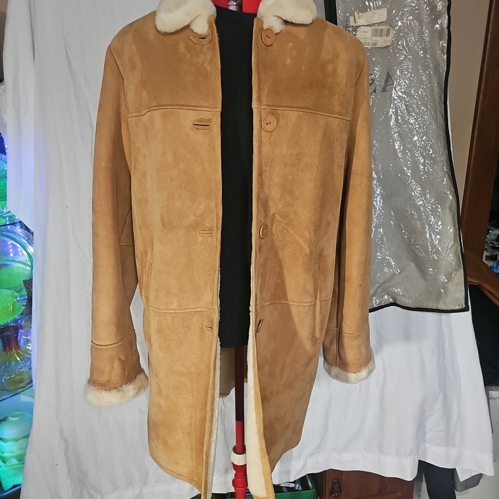 Tan Shearling Coat with White Collar